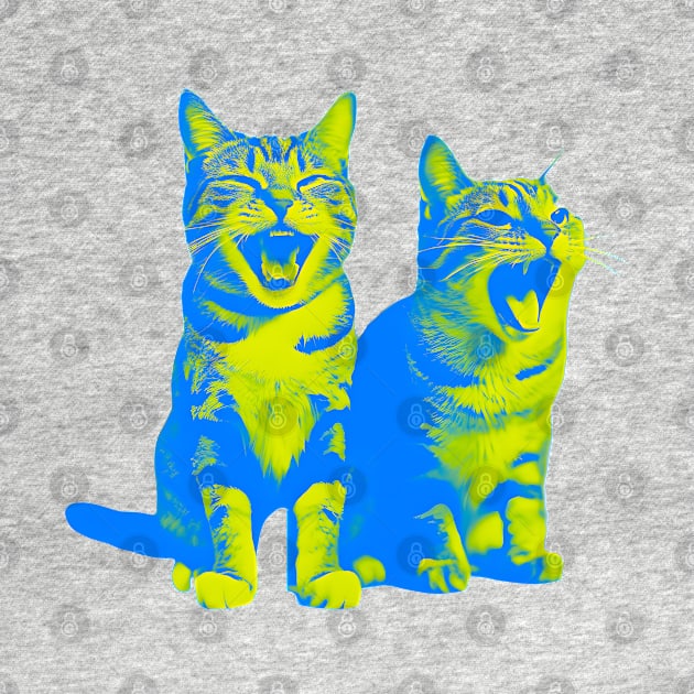 Laughing Cats - duotone blue and yellow by Ravenglow